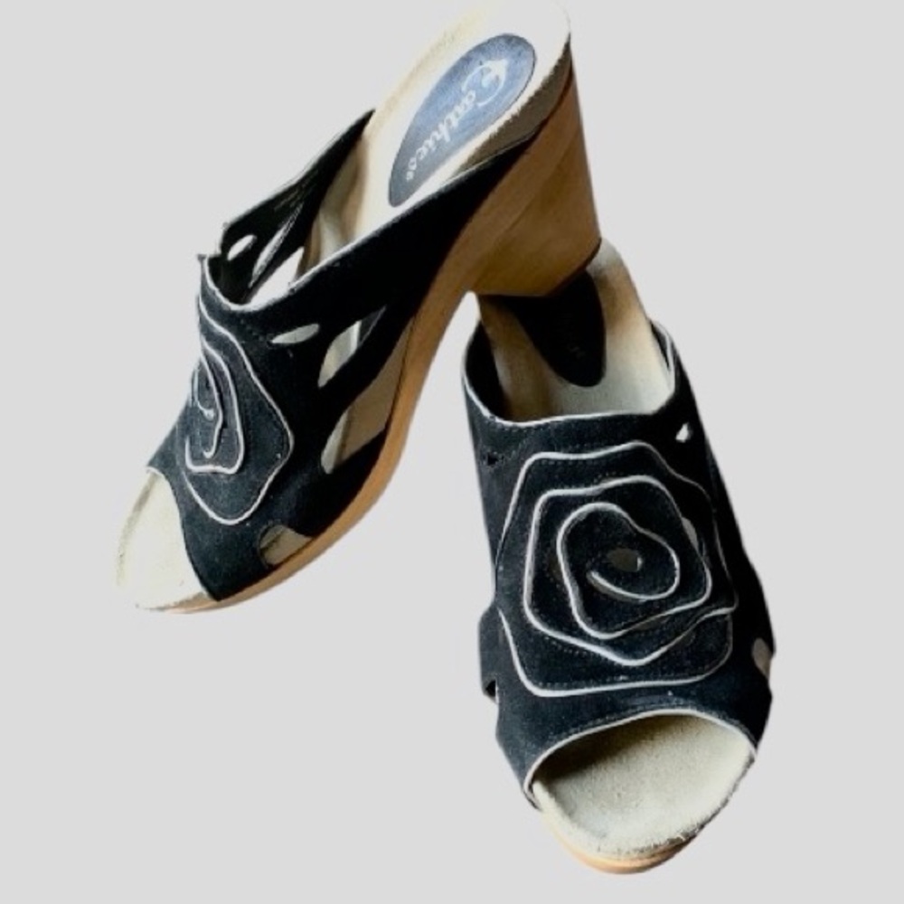 Earthies Tropez Black Leather Suede Floral Wedge Clogs Size 8